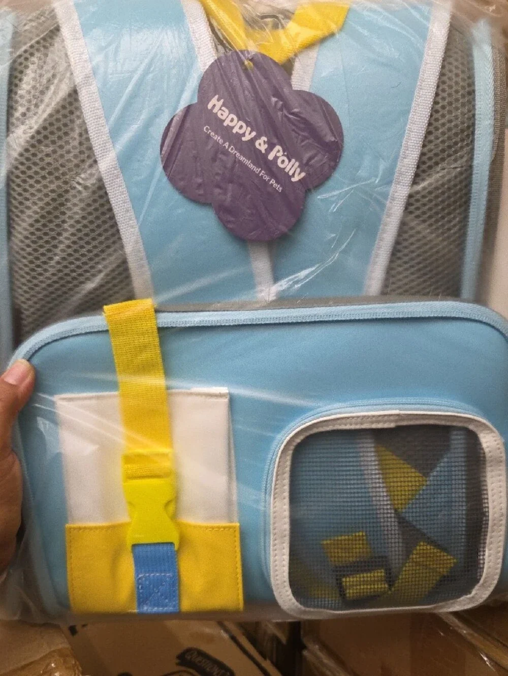 Light Blue Cat Carrier Backpack with Yellow Accents and Clear Window